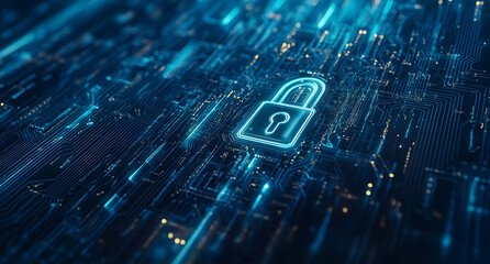 Poster - Digital security concept with blue light and a lock icon on a black background, vector illustration design for cyber protection technology design, or data security concept design