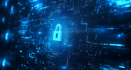 Poster - Digital security concept with blue light and a lock icon on a black background, vector illustration design for cyber protection technology design, or data security concept design