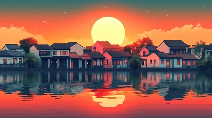 Wall Mural - A sunset over a body of water with a large moon in the sky