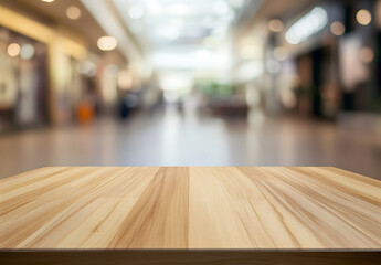 Empty wooden table with a blurred background design