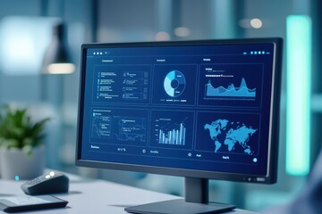 Poster - a modern computer monitor displaying an interactive data dashboard with graphs and statistics.