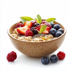 Wall Mural - A beautifully arranged bowl of oatmeal topped with fresh strawberries, blueberries, raspberries, and mint leaves. This healthy dish is perfect for breakfast or a nutritious snack. AI