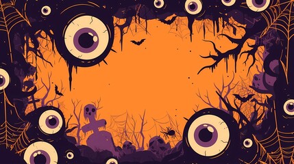 Spooky eyes frame on orange decorations background. Halloween celebration and party concept. Illustration design for postcard, invitation with copy space. Creepy holiday symbol