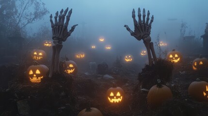 Wall Mural - Skeletal hands reaching out from the dirt in a foggy cemetery surrounded by glowing jack o lanterns and eerie mist