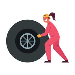 Canvas Print - mechanic woman with tire car