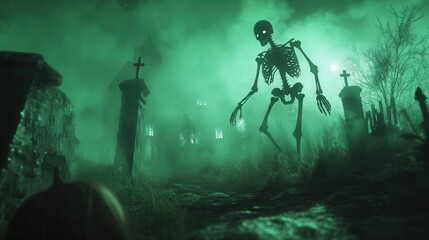 Wall Mural - Skeletons emerging from the ground in a graveyard with eerie green mist and glowing pumpkins