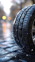 Close-up of a well-inflated tire showing tread and rim details in wet conditions