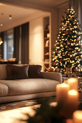 Wall Mural - Luxury living room interior with decorated Christmas tree and warm blurry garland lights. New Year and Merry Christmas concept.