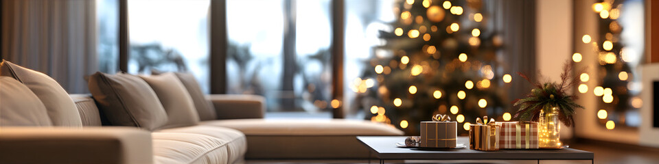 Wall Mural - Luxury living room interior with decorated Christmas tree and warm blurry garland lights. New Year and Merry Christmas concept.
