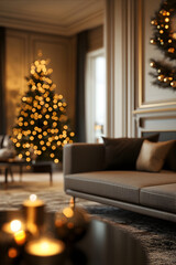 Wall Mural - Luxury living room interior with decorated Christmas tree and warm blurry garland lights. New Year and Merry Christmas concept.