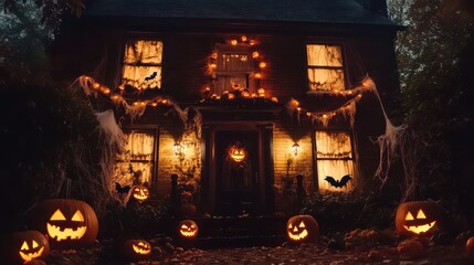 Canvas Print - Spooky Halloween house decorated with glowing jack o lanterns bats and cobwebs