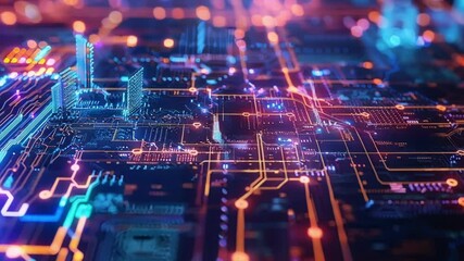 Poster - Complex circuitry illuminated with glowing lines and data points, representing innovative engineering and technological advancement in circuit board design