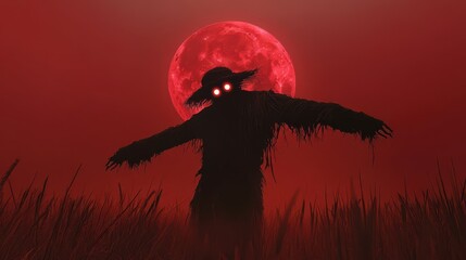 Wall Mural - Spooky scarecrow with glowing eyes standing in a foggy field under a blood red moon