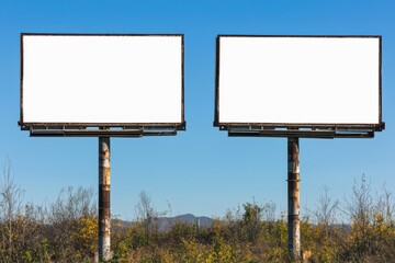 Two blank billboards against a clear blue sky, surrounded by greenery, ready for advertising.