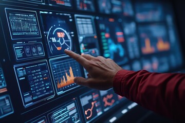 Poster - user interacting with digital control panel displaying data analytics and statistics.