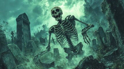 Wall Mural - Twisted skeleton with a bloodstained grin crawling through a graveyard surrounded by broken tombstones and eerie glowing mist