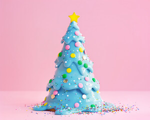 Creative colorful creamy Christmas tree melting. Contemporary art with tasty new year decoration.