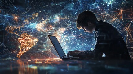 the use of a laptop by a business professional in the middle of a dynamic digital information networ