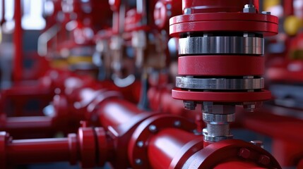 Poster - Red Industrial Pipes and Valves in a Factory Setting