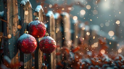 celebration of Christmas eve of decorated Christmas tree in front of wood fence on winter snowfall day