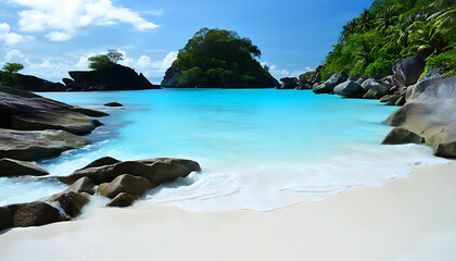 Epic scenery of rocks on a serene beach with sky as a backdrop