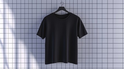 The image of a blank black t-shirt hanging on a white tiled wall is ideal for branding or custom design mockups