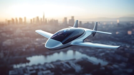 Sleek electric air taxi hovering above futuristic city skyline, smooth aerodynamic design, golden hour sunlight, modern transportation concept