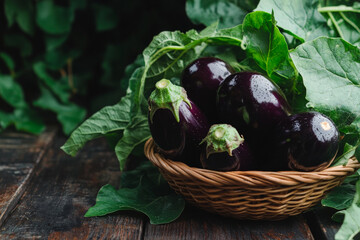 Wall Mural - Fresh organic eggplants resting in a basket, surrounded by green leaves. The dark wood background enhances the deep purple of the eggplants and their glossy texture.