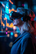 © AI_images - A middle-aged Caucasian woman, focused and wearing a VR headset, interacting with stock charts and financial graphs on a holographic metaverse platform, set against a dark blue background.