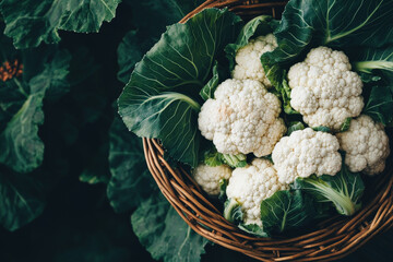 Wall Mural - Fresh organic cauliflower in a basket, surrounded by green leaves, with the dark wood background accentuating the intricate texture of the florets.