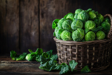 Wall Mural - Organic Brussels sprouts in a rustic basket, their fresh green leaves and compact heads standing out against a dark wood background, showcasing their texture.