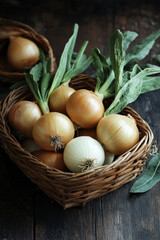 Wall Mural - A rustic basket of organic onions, with their papery skins and green leaves standing out against a dark wood background, emphasizing the natural beauty of the vegetables.