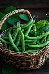 Wall Mural - A basket filled with organic green beans, their fresh, crisp texture highlighted by the dark wood background, with green leaves adding a natural element.