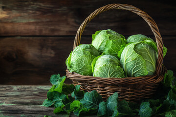 Wall Mural - Fresh organic cabbages in a rustic basket, surrounded by green leaves, with the dark wood background emphasizing the natural, leafy texture of the cabbages.