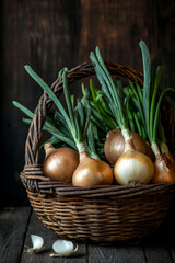 Wall Mural - A rustic basket of organic onions, with their papery skins and green leaves standing out against a dark wood background, emphasizing the natural beauty of the vegetables.