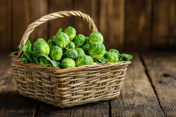 Wall Mural - Organic Brussels sprouts in a rustic basket, their fresh green leaves and compact heads standing out against a dark wood background, showcasing their texture.