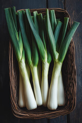 Wall Mural - A basket of organic leeks, with their long green leaves and white stalks, placed against a dark wood background, showcasing their fresh, crisp texture.
