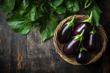 Wall Mural - Fresh organic eggplants resting in a basket, surrounded by green leaves. The dark wood background enhances the deep purple of the eggplants and their glossy texture.