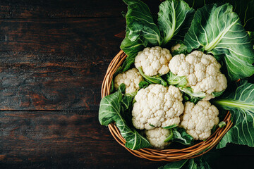 Wall Mural - Fresh organic cauliflower in a basket, surrounded by green leaves, with the dark wood background accentuating the intricate texture of the florets.