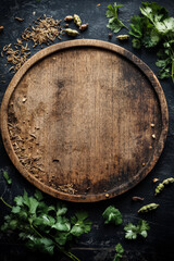 Wall Mural - An empty wooden round board surrounded by dried fennel seeds, cardamom pods, and fresh cilantro leaves on a deep black background, ideal for a menuâ€™s top-view layout.