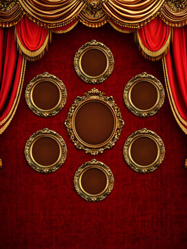 The background is a dark red color design, with gold circles and curtains in the upper left corner of each circle design. There are a total of nine blank circular frames  design