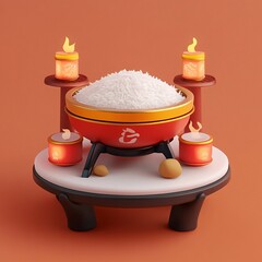 3D Rice Ceremony Icon: Traditional Ritual Illustration Logo