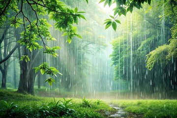 Lush green forest in heavy rain with realistic style