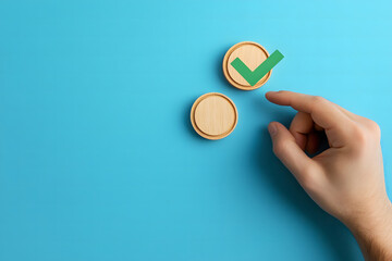 Hand placing a checkmark on three wooden cubes over a blue background design, in a flat lay, top-view concept for a business plan or quality control and positive montage design