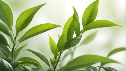 close up photography focusing on a fresh green tea leaf plant with the fresh green leaves occupying in side of the frame on a blurry white background