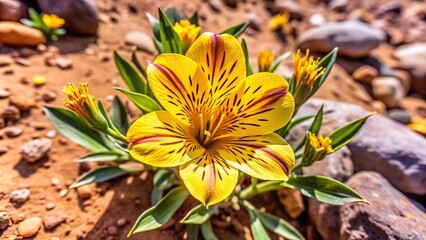 Aerial view of unique yellow alstroemeria blooming in Atacama desert