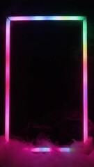 Poster - Glowing neon frame in a dark room surrounded by colorful mist.