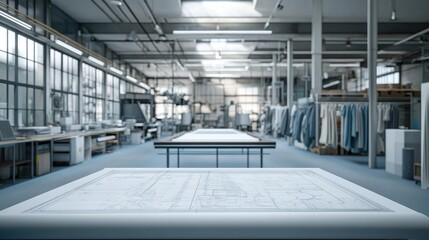 Poster - Modern Workspace with Architectural Blueprints Displayed