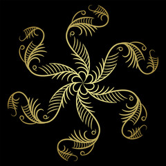 Wall Mural - Round spiral star shape mandala with floral motifs. Golden silhouette on black background.