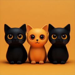 Naklejka na meble Cute 3D illustration of two black cats and one orange cat in a row with large expressive eyes